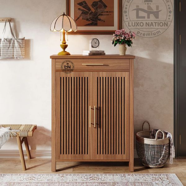 Elegant Wooden Shoe rack Cabinet – Louvered Doors with Drawer Storage